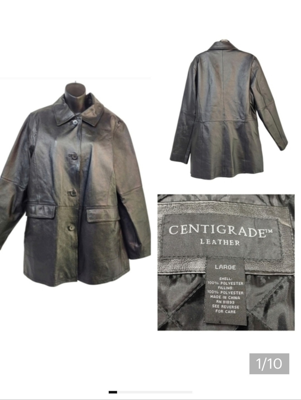 Centigrade Leather Womens Black Removable Lined Genuine Leath Button Jacket Sz L